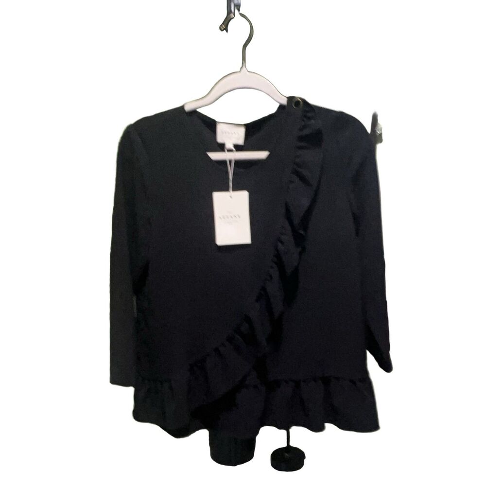 Sézane Jerry Blouse Black US 4 Ruffle Lace Cotton Long Sleeve Women's S
